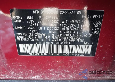 2017 Subaru Outback 2.5I Premium z USA, uszkodzony, nr VIN 4S4BSAFC6H3421981